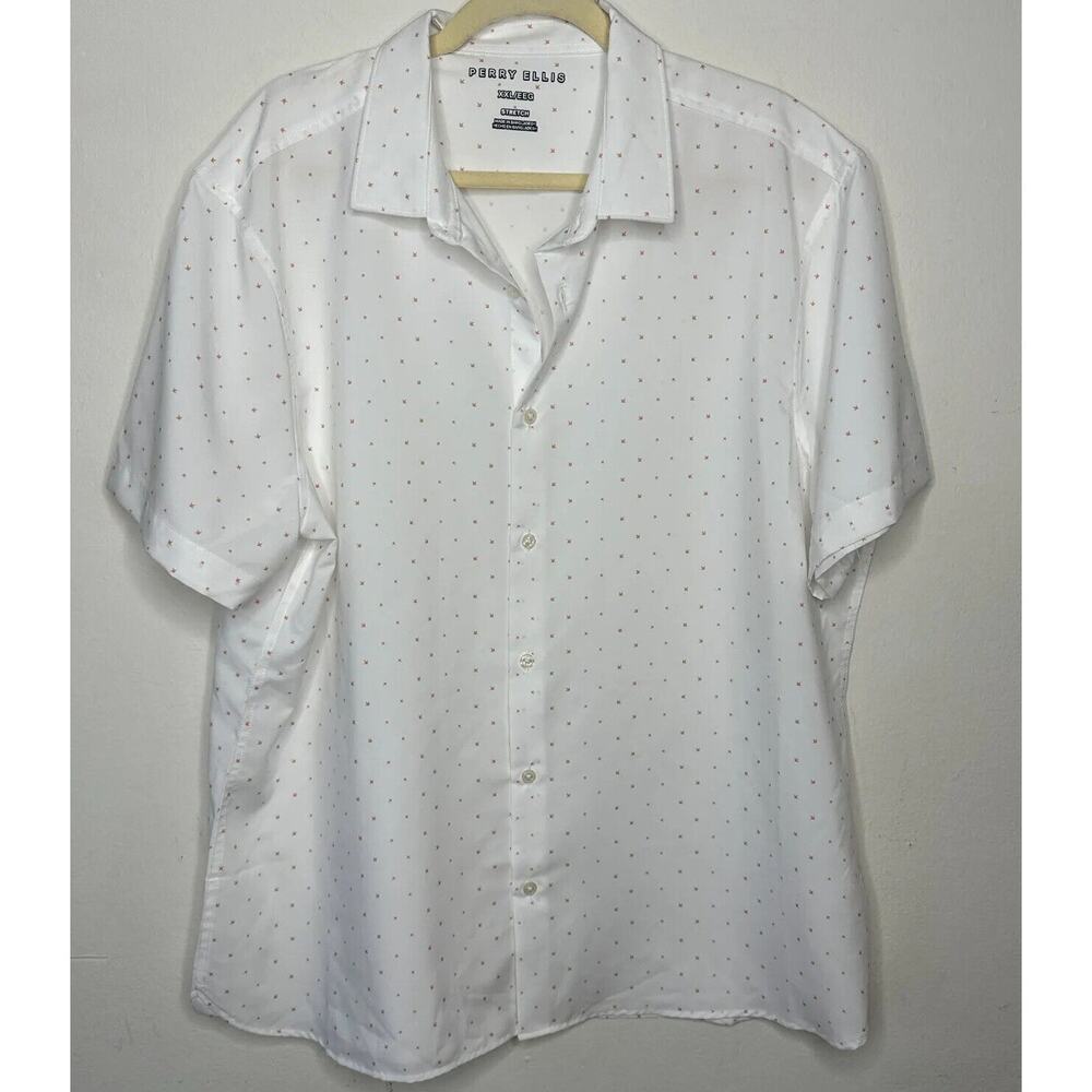 Perry Ellis White Rust Tan Arrow-Dot Print Short Sleeve Button Front Shirt XXL